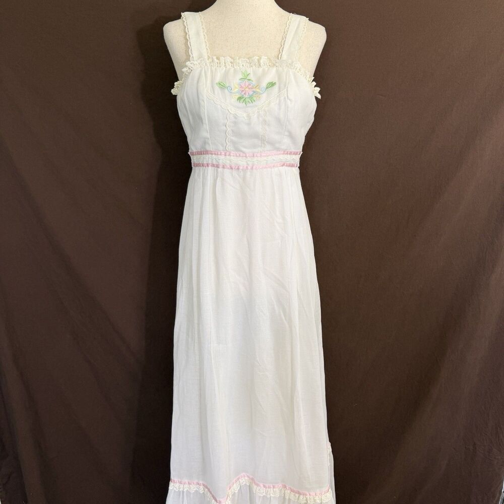 Vintage Candi Jones California Ivory Lace Embroidered Maxi Dress XS/S Prairie